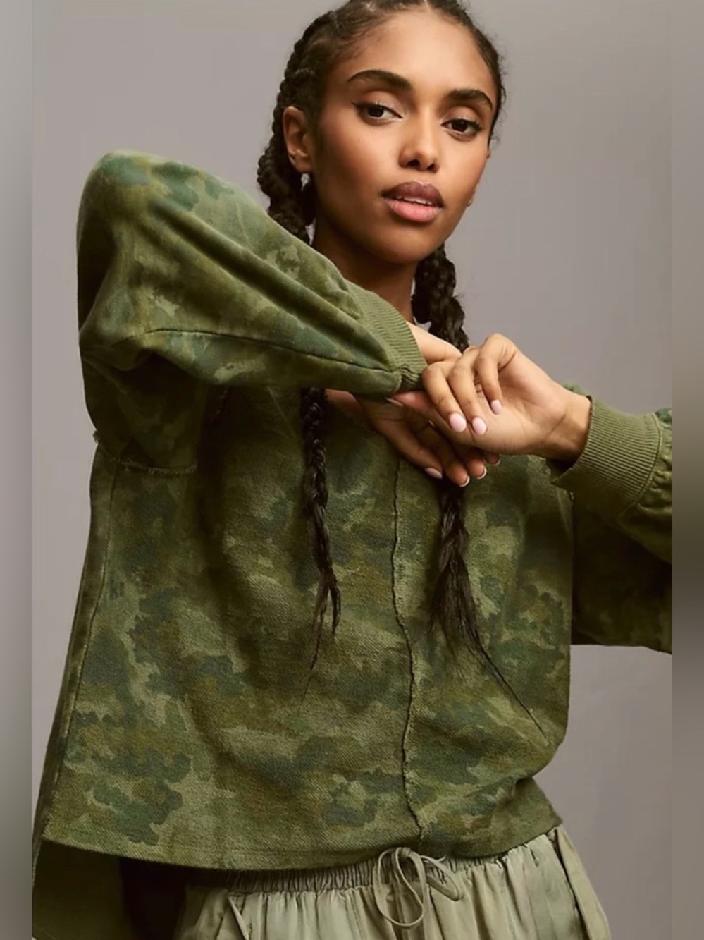 Pilcro for Anthropologie Green Camo Reworked V-neck Popover 100% Cotton Sweater
